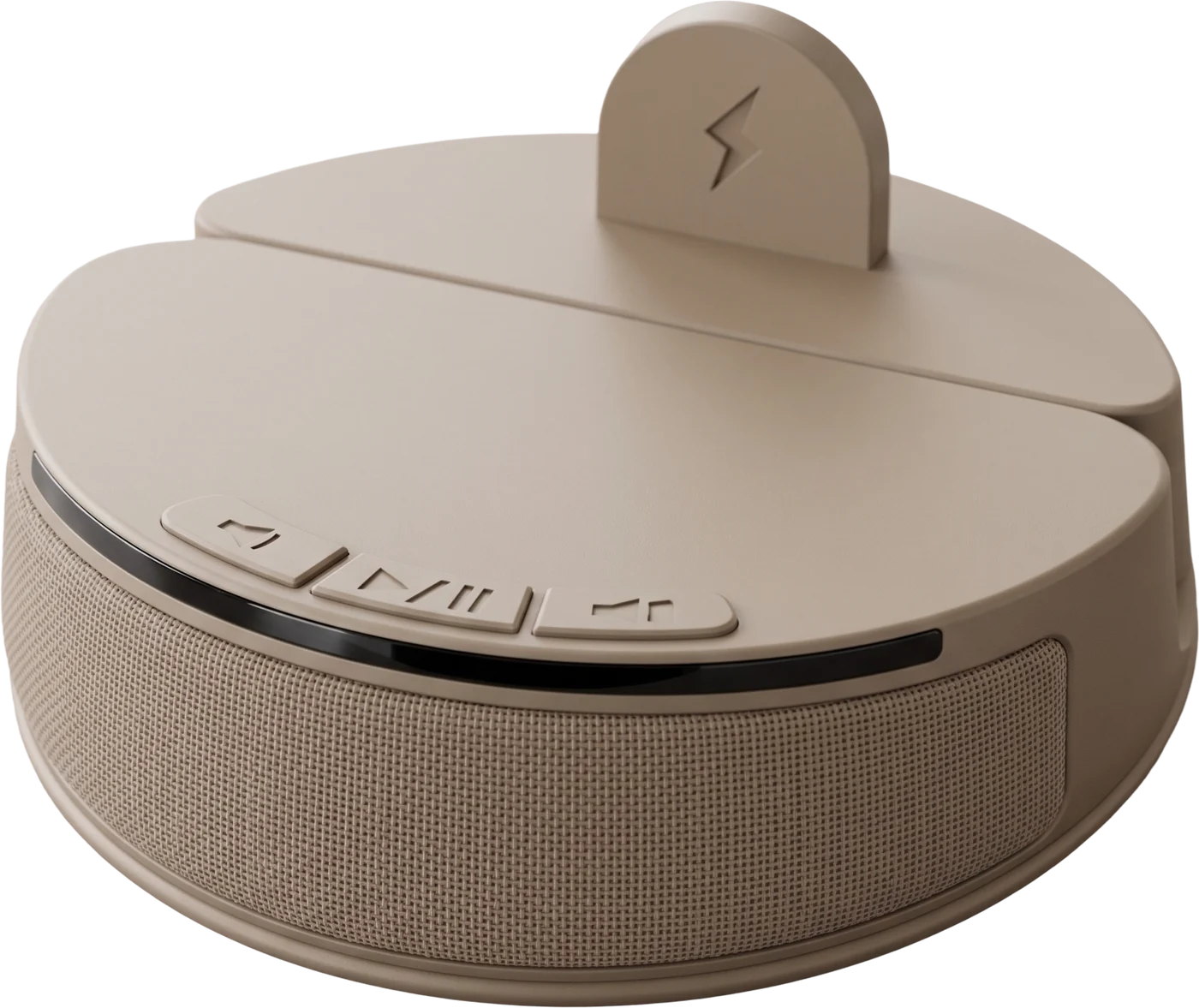 The Cadence speaker: sand shell, fabric grille, black light bar, three buttons and a charging tab on top